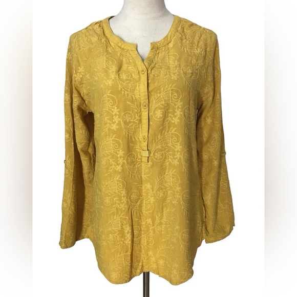 Go Fish Mustard Yellow Cotton Linen Embroidered Long Sleeve Tunic Boho M… - Picture 1 of 7